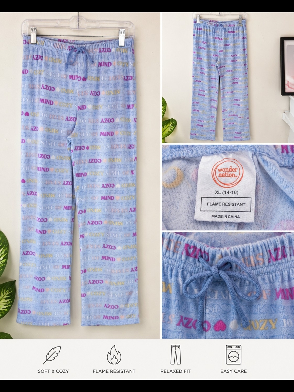 Wonder Nation Girls Blue Cozy State of Mind Fleece Pajama Pants XL (14-16) Soft